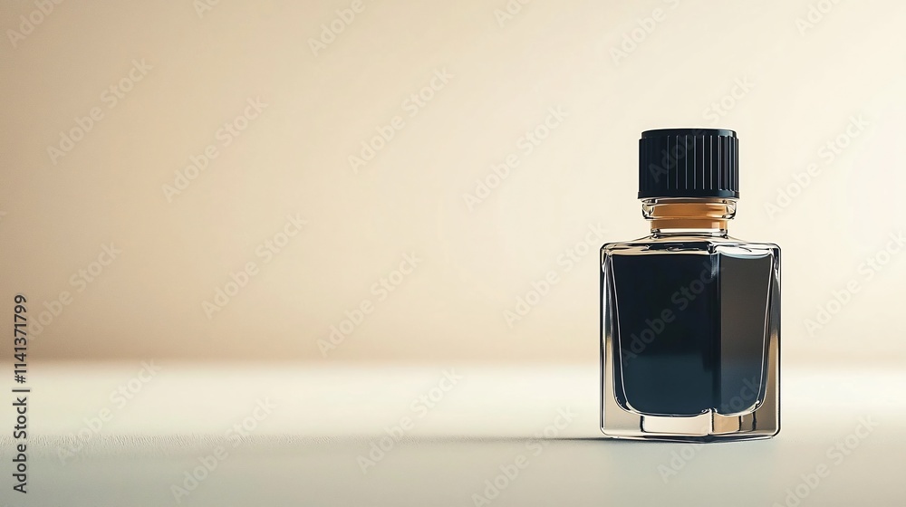 Poster elegant and minimalist image of a floating ink bottle for calligraphic art casting subtle reflection