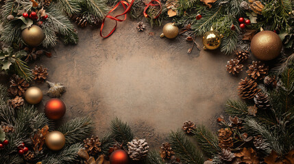 Christmas flat lay background with space in the center and decorations around it with festive atmosphere and small ornaments.