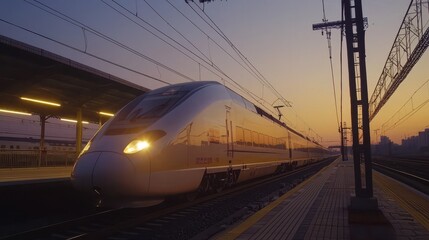 Fototapeta premium A sleek, modern train is seen at sunset, poised at a station with a glowing ambiance, highlighting its futuristic design.