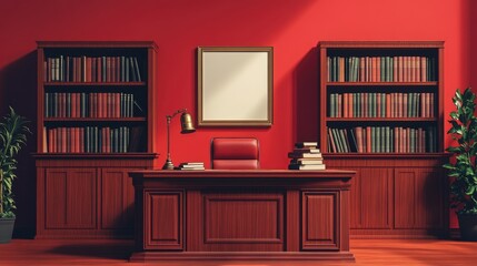Red office interior with desk, bookshelves, and framed mockup.