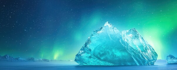 Fototapeta premium A stunning iceberg glows under the northern lights, casting a magical ambiance in a serene, icy landscape.