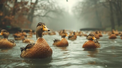 Fototapeta premium Majestic Ducks in Misty Lake: Serene Autumn Wildlife Photography