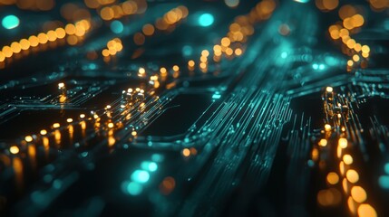 Abstract Circuit Board: Teal and Amber Glowing Pathways of Digital Innovation