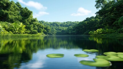 Obraz premium Serene river landscape surrounded by lush greenery and reflections.