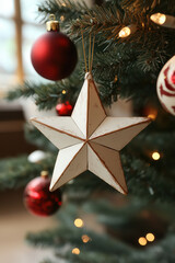 Photography of star ornaments decorations on the Christmas tree with festive atmosphere background.