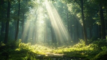 Sunbeams pierce lush, green forest.