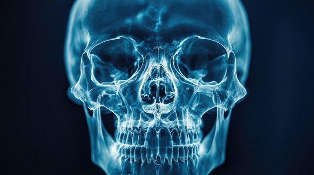 Smoky blue X-ray of human skull.