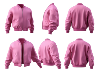 a pink bomber jacket isolated on a transparent background with multiple angles