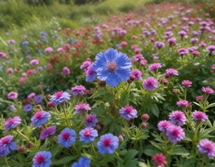 Fototapeta premium Ageratum blue in a meadow with Portulaca and empty space, ageratum, blue, background