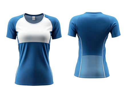 a white and blue women's athletic t-shirt mockup on a transparent background the t-shirt is shown from the front and back