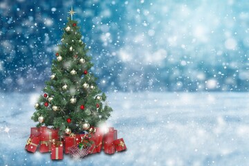 Beautiful decorated christmas tree in winter landscape