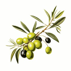 Green and Black Olives Branch with Leaves on White Background