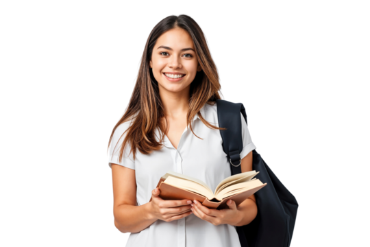Young beautiful college student with backpack and holding a book, isolated transparent background