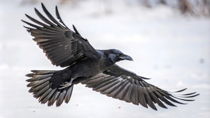 Fototapeta premium Black crow in flight with wings spread wide against a blurred white background.