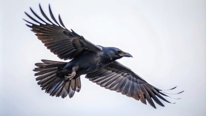 Obraz premium Black Raven in Flight Against a White Background