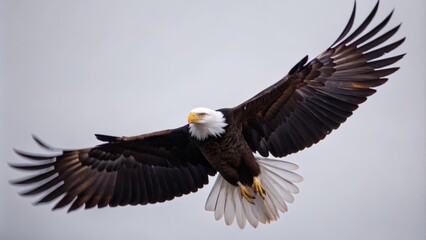 Obraz premium Bald Eagle in Flight with Spread Wings Against a Cloudy Sky