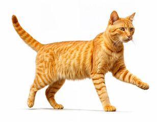 A striking orange tabby cat confidently walking with its elegant stride, showcasing its beautiful striped fur and bright amber eyes, capturing the essence of a curious and playful domestic feline.