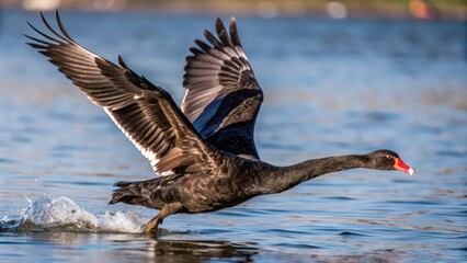 Black Swan Taking Flight from Water with Wings Spread
