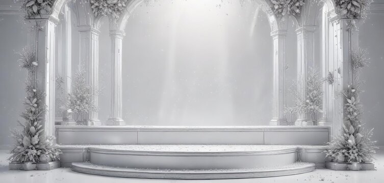 A stunning white background showcases a majestic silver-laden podium adorned with shimmering snowflakes and festive decorations, backdrop, podium