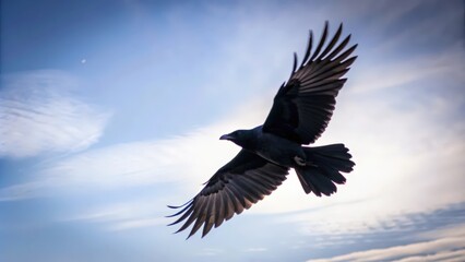 Obraz premium Black Crow in Flight Against a Blue Sky with Clouds