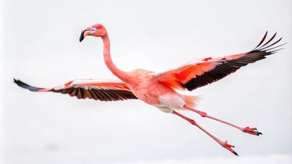 Pink Flamingo in Flight with Spread Wings Against a White Background