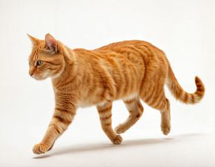 A striking orange tabby cat confidently walking with its elegant stride, showcasing its beautiful striped fur and bright amber eyes, capturing the essence of a curious and playful domestic feline.