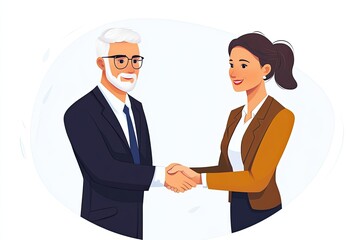 A handshake between a senior executive and a new employee, with both wearing formal attire, isolated on a transparent background to highlight the professional connection.