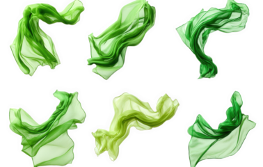 six flowing green fabric pieces isolated on a transparent background they are arranged in different positions and angles