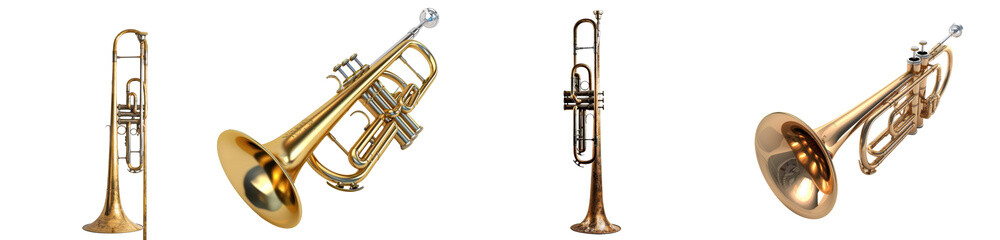 Naklejka premium Collection of Various Styles of Brass Instruments on White Background Displayed