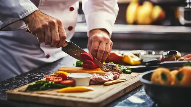 A chef is cutting vegetables on a wooden cutting board