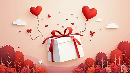 Valentine’s Day Concept with Heart-Shaped Balloon, Gift Box, and Love Theme on Pink Background