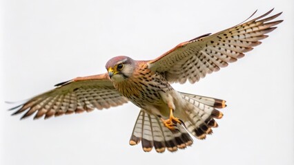 Obraz premium A Kestrel in Mid-Flight with Wings Spread Wide Against a White Background