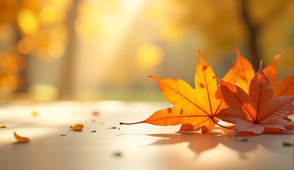 Golden autumn leaves bathed in sunlight, casting gentle shadows on a serene surface. A picturesque fall scene.