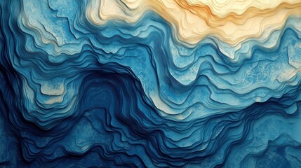 Fototapeta premium Abstract blue and beige wavy layered texture.