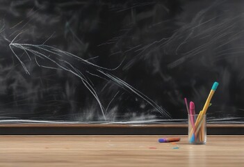 Chalk marks on a blackboard with an eraser beside it , table, eraser