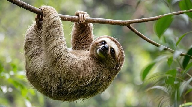 Close up of a sloth hanging from a branch in a lush green forest