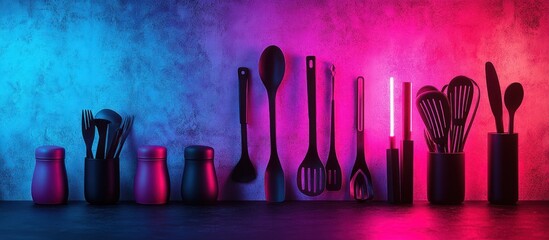 Black Kitchen Utensils in a Neon-Lit Setting
