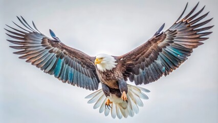 Obraz premium Bald Eagle in Flight with Wings Spread Wide Against a White Sky