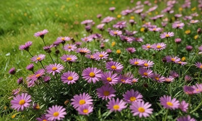 Obraz premium Colorful Aster alpinus blooms in a sunny green lawn with flowers , grass, sun, flowers