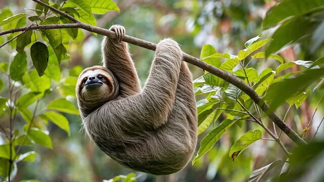 Close up of a sloth hanging from a branch in a lush green forest