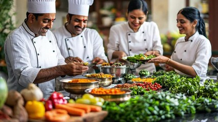A group of Indian chefs are preparing food in the kitchen