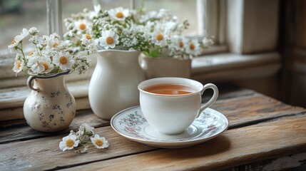 A serene scene featuring a cup of tea and fresh flowers by a window.