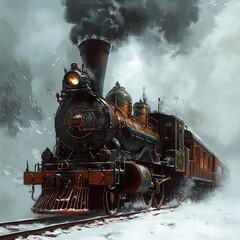 Fototapeta premium Vintage Steam Train in Winter Landscape
