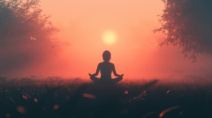 Silhouette of a person meditating at sunrise in a misty field, surrounded by trees. Perfect for websites, blogs, or social media promoting peace, mindfulness, and serenity.