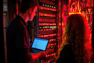 A male IT expert holding a laptop in front of a server rack, showing a female server technician the latest network updates, with blinking lights and cables in the background.