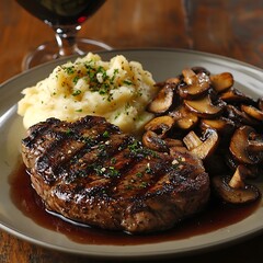 Juicy Grilled Steak with Garlic Mashed Potatoes and Mushrooms