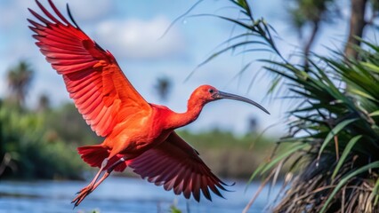 Scarlet Ibis in Flight with Spread Wings Over a Watery Landscape