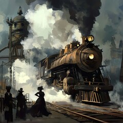 Fototapeta premium Vintage Steam Train at Industrial Station