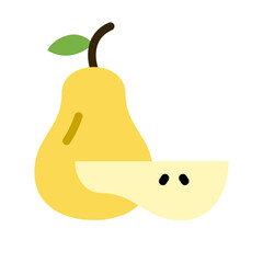 Flat Design Pear Fruit Illustration &ndash; Whole Yellow Pear with Slice Vector Icon