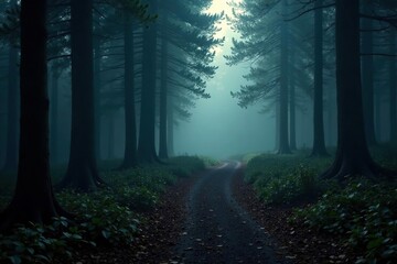 Fototapeta premium Dark forest path winding through the trees spooky shadows, misty, forest